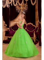 Green A-line / Princess Strapless Floor-length Appliques Tulle Quinceanera Dress