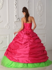 Green and Red Ball Gown Sweetheart Floor-length Taffeta Appliques and Ruch Quinceanera Dress