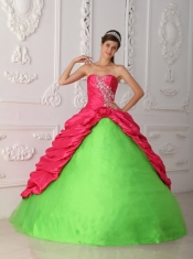 Green and Red Ball Gown Sweetheart Floor-length Taffeta Appliques and Ruch Quinceanera Dress