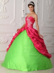 Green and Red Ball Gown Sweetheart Floor-length Taffeta Appliques and Ruch Quinceanera Dress