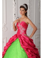 Green and Red Ball Gown Sweetheart Floor-length Taffeta Appliques and Ruch Quinceanera Dress