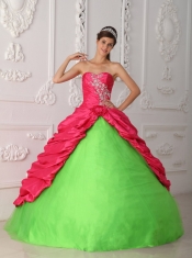 Green and Red Ball Gown Sweetheart Floor-length Taffeta Appliques and Ruch Quinceanera Dress