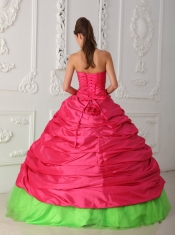 Green and Red Ball Gown Sweetheart Floor-length Taffeta Appliques and Ruch Quinceanera Dress