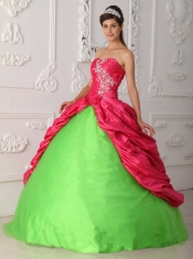 Green and Red Ball Gown Sweetheart Floor-length Taffeta Appliques and Ruch Sweet 16 Dress