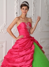 Green and Red Ball Gown Sweetheart Floor-length Taffeta Appliques and Ruch Sweet 16 Dress