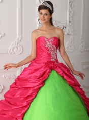 Green and Red Ball Gown Sweetheart Floor-length Taffeta Appliques and Ruch Sweet 16 Dress