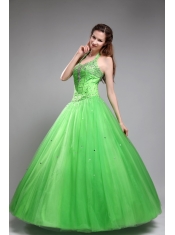 Green Ball Gown Halter Floor-length Tulle Beading  Quinceanera Dress