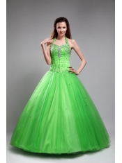 Green Ball Gown Halter Floor-length Tulle Beading  Quinceanera Dress