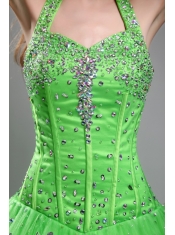 Green Ball Gown Halter Floor-length Tulle Beading  Quinceanera Dress