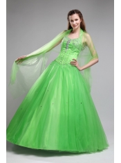 Green Ball Gown Halter Floor-length Tulle Beading  Quinceanera Dress