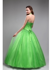 Green Ball Gown Halter Floor-length Tulle Beading  Quinceanera Dress