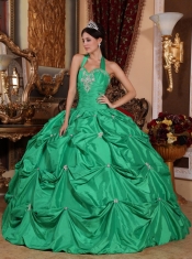 Green Ball Gown Halter Top Floor-length Taffeta Appliques Quinceanera Dress