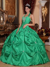 Green Ball Gown Halter Top Floor-length Taffeta Appliques Quinceanera Dress