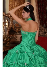 Green Ball Gown Halter Top Floor-length Taffeta Appliques Quinceanera Dress