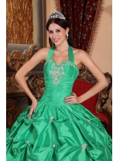 Green Ball Gown Halter Top Floor-length Taffeta Appliques Quinceanera Dress