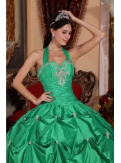 Green Ball Gown Halter Top Floor-length Taffeta Appliques Quinceanera Dress