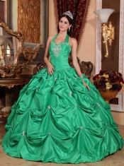 Green Ball Gown Halter Top Floor-length Taffeta Appliques Quinceanera Dress