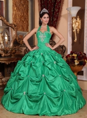 Green Ball Gown Halter Top Floor-length Taffeta Appliques Quinceanera Dress