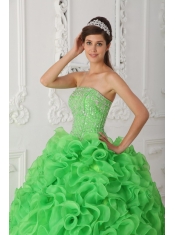 Green Ball Gown Strapless Floor-length Organza Beading Quinceanera Dress