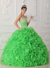 Green Ball Gown Strapless Floor-length Organza Beading Quinceanera Dress