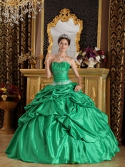 Green Ball Gown Strapless Floor-length Taffeta Beading Sweet 16 Dress