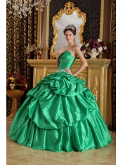 Green Ball Gown Strapless Floor-length Taffeta Beading Sweet 16 Dress