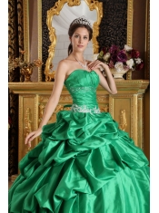 Green Ball Gown Strapless Floor-length Taffeta Beading Sweet 16 Dress