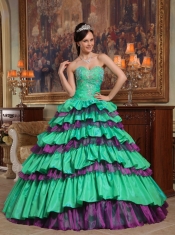 Green Ball Gown Sweetheart Floor-length Taffeta and Organza Beading Quinceanera Dress