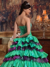 Green Ball Gown Sweetheart Floor-length Taffeta and Organza Beading Quinceanera Dress