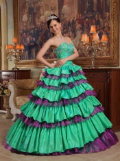 Green Ball Gown Sweetheart Floor-length Taffeta and Organza Beading Quinceanera Dress