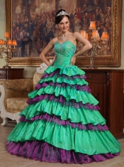 Green Ball Gown Sweetheart Floor-length Taffeta and Organza Beading Quinceanera Dress