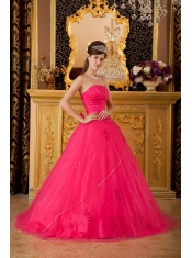 Hot Pink A-line / Princess Strapless Floor-length Tulle Appliques Quinceanera Dress