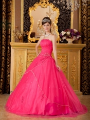 Hot Pink A-line / Princess Strapless Floor-length Tulle Appliques Quinceanera Dress