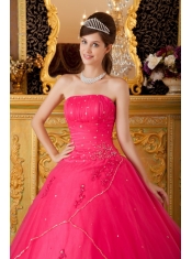 Hot Pink A-line / Princess Strapless Floor-length Tulle Appliques Quinceanera Dress
