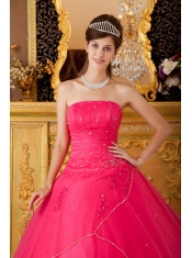 Hot Pink A-line / Princess Strapless Floor-length Tulle Appliques Quinceanera Dress
