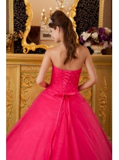 Hot Pink A-line / Princess Strapless Floor-length Tulle Appliques Quinceanera Dress