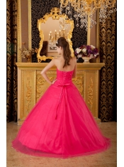 Hot Pink A-line / Princess Strapless Floor-length Tulle Appliques Quinceanera Dress