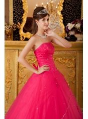 Hot Pink A-line / Princess Strapless Floor-length Tulle Appliques Quinceanera Dress