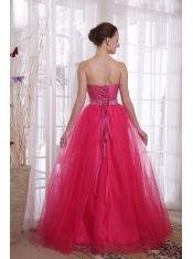 Hot Pink A-Line / Princess Strapless Floor-length Tulle Beading Prom Dress