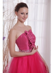 Hot Pink A-Line / Princess Strapless Floor-length Tulle Beading Prom Dress