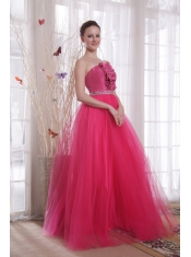 Hot Pink A-Line / Princess Strapless Floor-length Tulle Beading Prom Dress