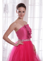 Hot Pink A-Line / Princess Strapless Floor-length Tulle Beading Prom Dress