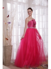 Hot Pink A-Line / Princess Strapless Floor-length Tulle Beading Prom Dress