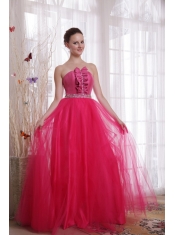 Hot Pink A-Line / Princess Strapless Floor-length Tulle Beading Prom Dress