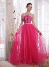 Hot Pink A-Line / Princess Strapless Floor-length Tulle Beading Prom Dress
