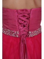 Hot Pink A-Line / Princess Strapless Floor-length Tulle Beading Prom Dress