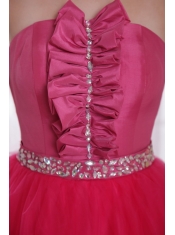 Hot Pink A-Line / Princess Strapless Floor-length Tulle Beading Prom Dress