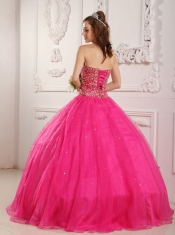 Hot Pink A-Line / Princess Sweetheart Floor-length Satin and Organza Beading Quinceanera Dress