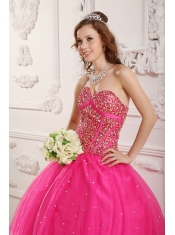 Hot Pink A-Line / Princess Sweetheart Floor-length Satin and Organza Beading Quinceanera Dress