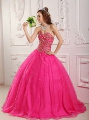 Hot Pink A-Line / Princess Sweetheart Floor-length Satin and Organza Beading Quinceanera Dress